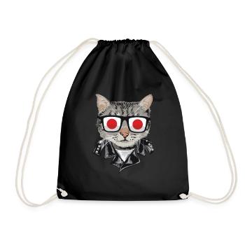 Cat Sunglasses with Japanese Flag - Drawstring Bag - black - Front