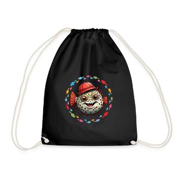 Kugelfisch mit roter Basecap und bunten Fischen - Turnbeutel - Schwarz - Vorne