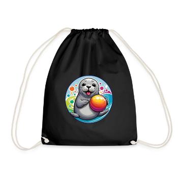 Lachender Seehund Robbe mit buntem Ball - Turnbeutel - Schwarz - Vorne