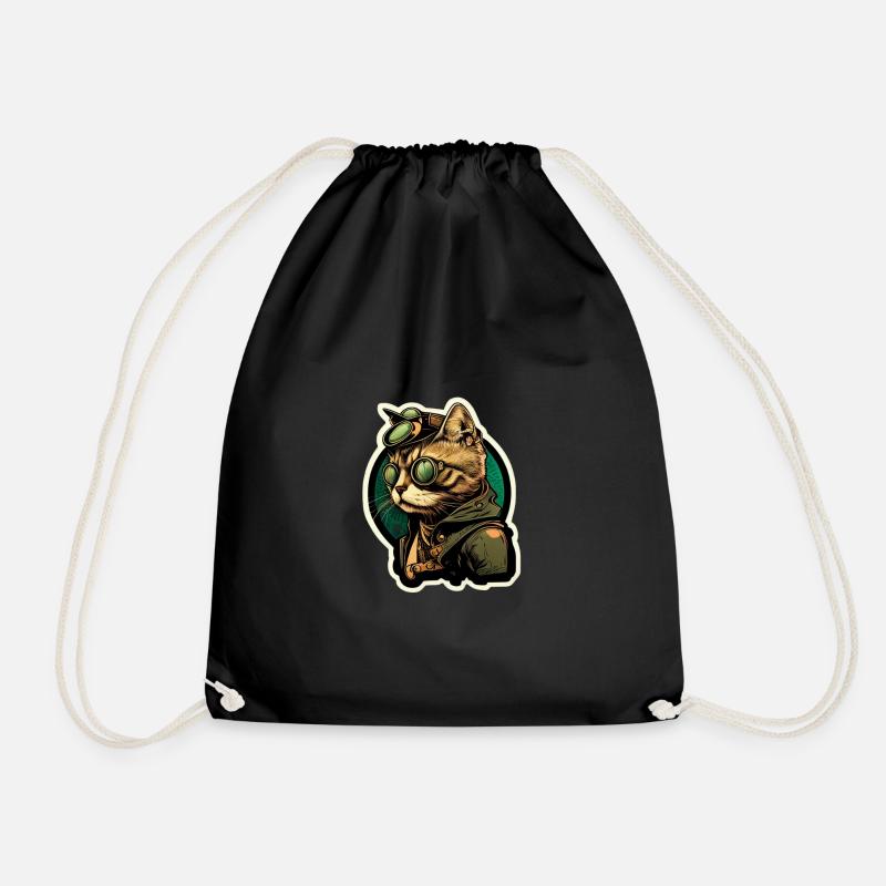 Steampunk cat with hat and glasses - Drawstring Bag - black