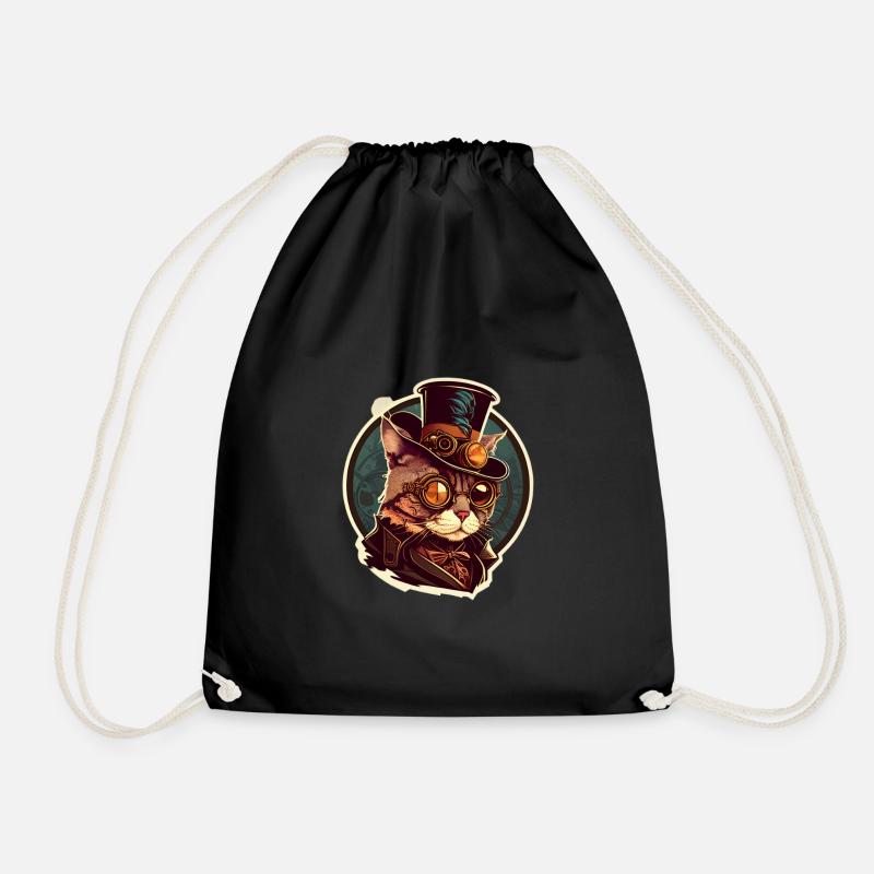 Steampunk cat with hat and glasses - Drawstring Bag - black