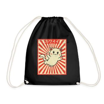 Japanese Kawaii Cat Otaku Anime Vintage - Drawstring Bag - black - Front