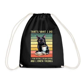 Black cat with coffee and book - Drawstring Bag - black - Front