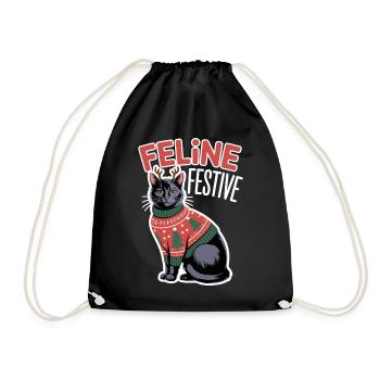 Feline Festive Weihnachtskatze Mit Rentierohren - Turnbeutel - Schwarz - Vorne
