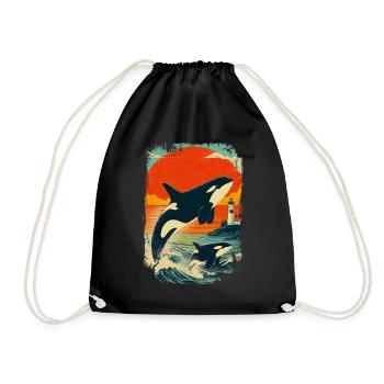 Orca Whale Family Lighthouse Vintage Sunset - Drawstring Bag - black - Front