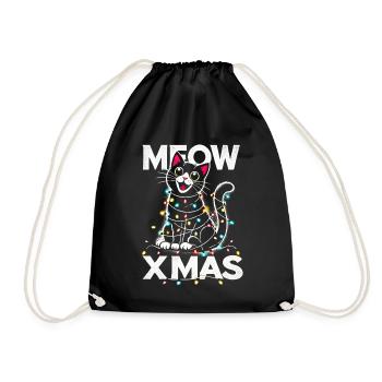 Meow Xmas Cute Cat Wrapped in Lights Christmas Tee - Drawstring Bag - black - Front