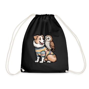 Cute Australian Shepherd with Owl - Drawstring Bag - black - Front