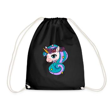 Cute Unicorn Motif Children Girl - Drawstring Bag - black - Front