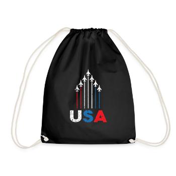 American Flag USA Airplane Jet Fighter 4th of July - Drawstring Bag - black - Front