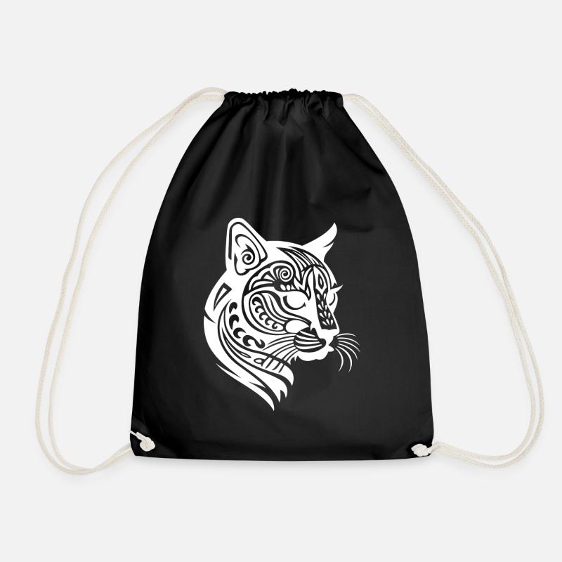Unique Maori Tattoo Cat Design in White - Drawstring Bag - black
