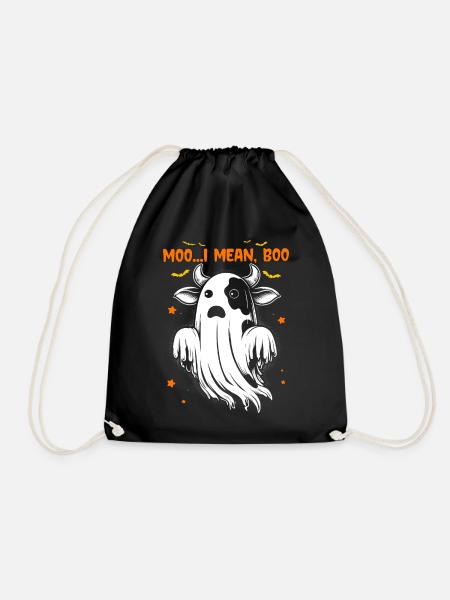 Ghost Cow Moo I Mean Boo Pumpkin Moon Halloween - Drawstring Bag - black