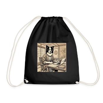 Border Collie at the Desk - Ukiyo-e Style - Drawstring Bag - black - Front