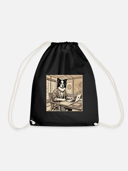 Border Collie at the Desk - Ukiyo-e Style - Drawstring Bag - black