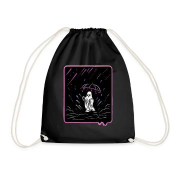 Cute Ghost with Umbrella in the Rain Cartoon Style - Drawstring Bag - black - Front