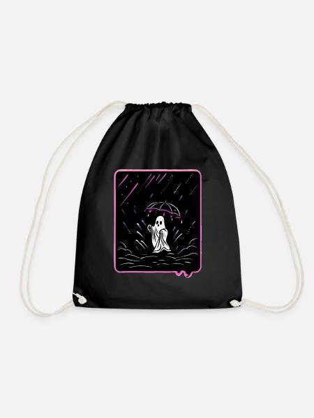 Cute Ghost with Umbrella in the Rain Cartoon Style - Drawstring Bag - black