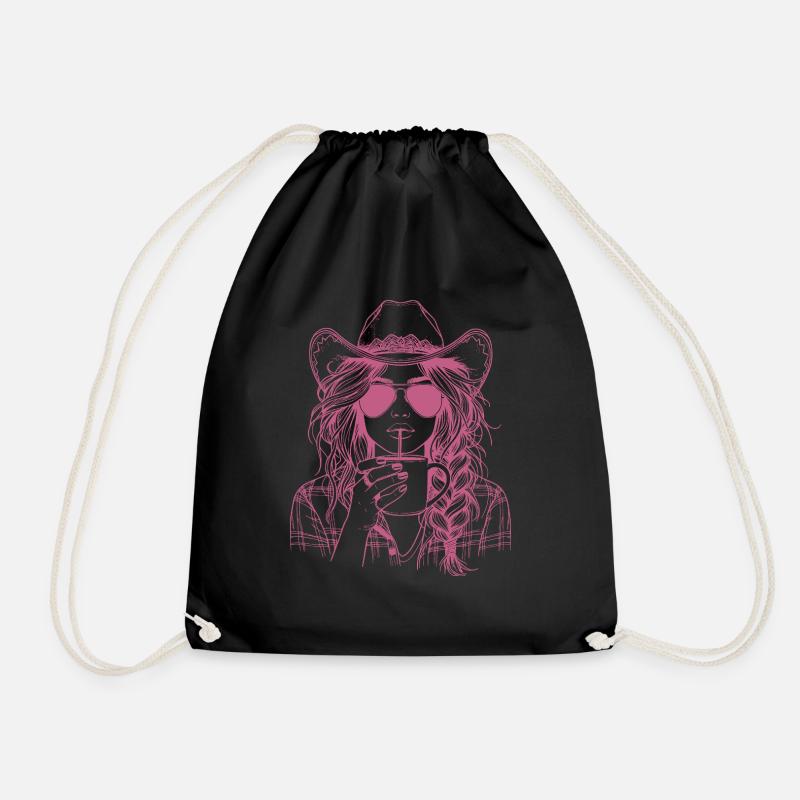 Sippin' in Style – Cool Cow Girl with Drink - Drawstring Bag - black