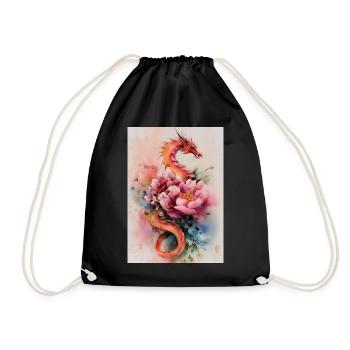 Watercolor Dragon and Flowers - Drawstring Bag - black - Front