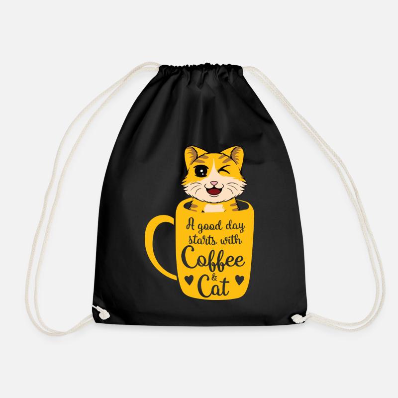 Good day coffee cat - Drawstring Bag - black