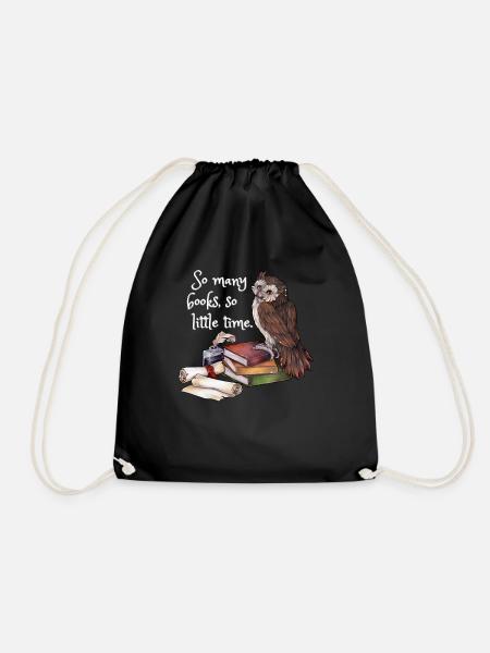 Cute owl with stack of books - Drawstring Bag - black