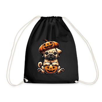 Cute Halloween Pug Cartoon Pumpkin Dog Whimsical - Drawstring Bag - black - Front