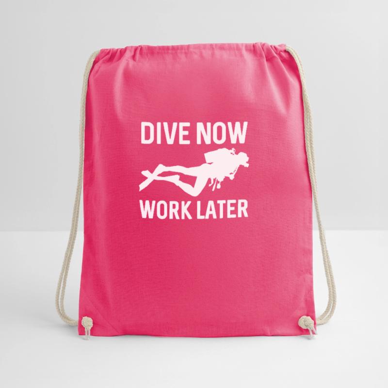 dive now work later - diving, divers, fish Drawstring Bag