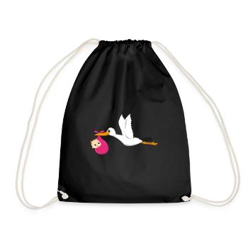 Stork flying with baby girl gift - Drawstring Bag - black - Front