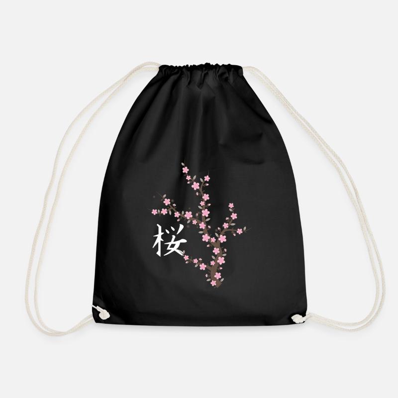 Japanese Cherry Blossom Kawaii - Drawstring Bag - black