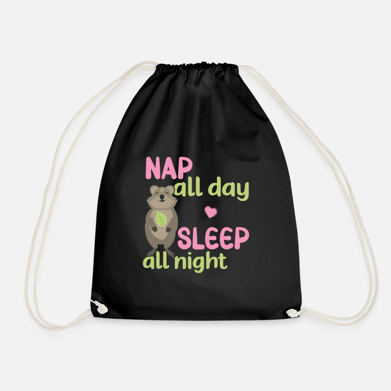 Nap all Day - Sleep all Night / Grinning Quokka - Drawstring Bag - black