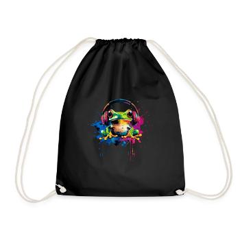 Colorful frog with DJ headphones toad forest animals - Drawstring Bag - black - Front