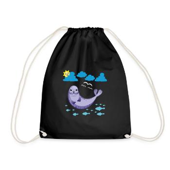 Small seal Sun Fish and seagulls - Drawstring Bag - black - Front