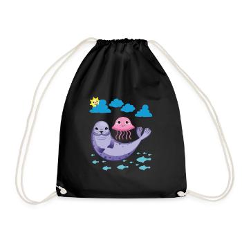 Small seal Sun Fish Jellyfish - Drawstring Bag - black - Front