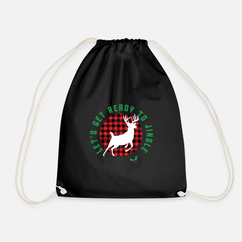 "Let's Get Ready to Jingle" Leaping Stag and Plaid - Drawstring Bag - black