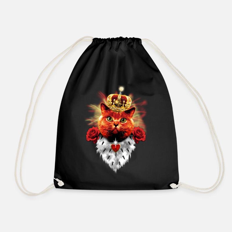 Red Roses Cat King - red cat with crown - Drawstring Bag - black