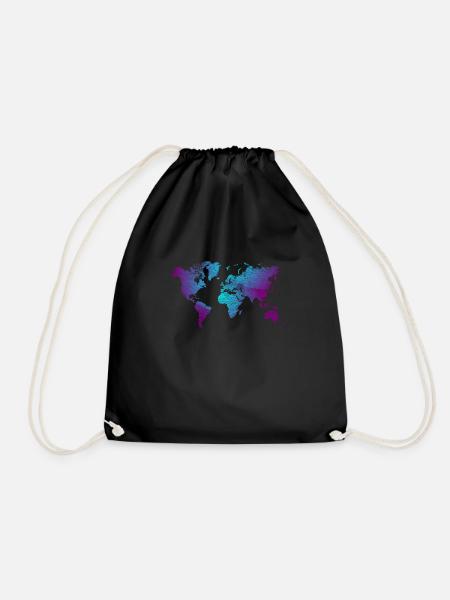 cool world map design in blue and purple - Drawstring Bag - black