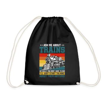 Ask me about trains model railway locomotive - Drawstring Bag - black - Front