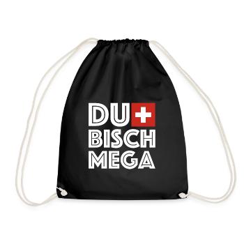Du bisch Mega | Schweiz, Fondue, Berge, Ski fahren - Turnbeutel - Schwarz - Vorne
