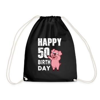 50 Jahre - Happy Birthday - Schweinchen - Turnbeutel - Schwarz - Vorne