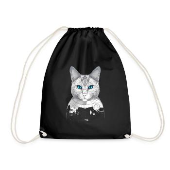 Portrait of Robot cat. Drawing, blue colored eyes - Drawstring Bag - black - Front