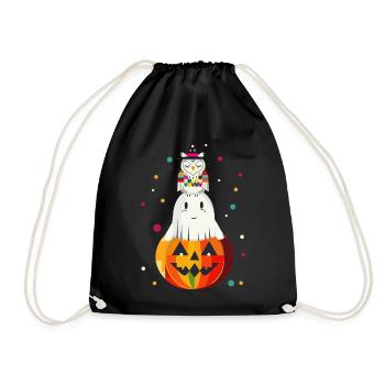 Owl and Ghost on the Pumpkin – Halloween Motif - Drawstring Bag - black - Front