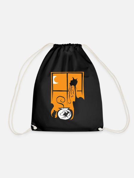 Halloween Katze Maus Fisch orange Fenster Mond - Turnbeutel - Schwarz