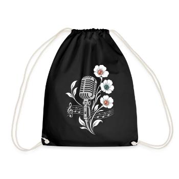 Vintage Microphone – Music and Flowers Motif - Drawstring Bag - black - Front