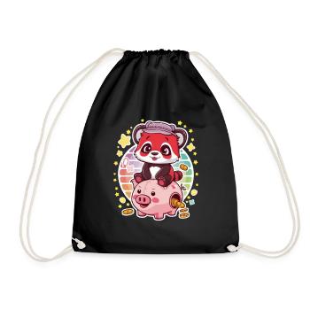 Red Kawaii Panda with Piggy Bank - Drawstring Bag - black - Front