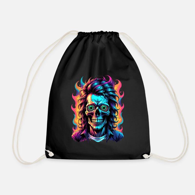 Neon Skull with Vibrant Flames - Drawstring Bag - black