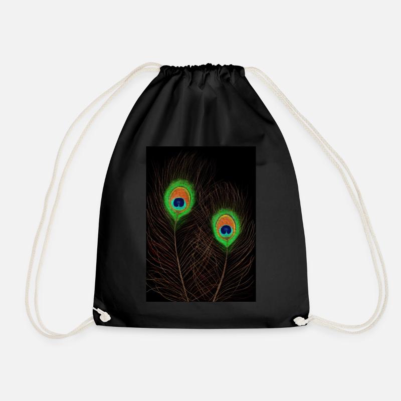 Peacock Feathers on Black - Drawstring Bag - black