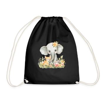 Cute Cat And Elephant Friends - Turnbeutel - Schwarz - Vorne