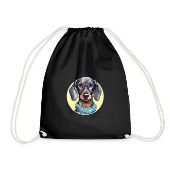 Süßer Dackel Hund mit Brille und Halstuch - Turnbeutel - Schwarz - Vorne