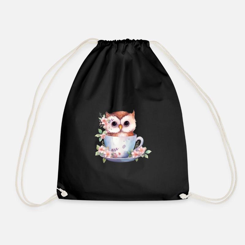 Mignon bébé hibou avec des fleurs dans une tasse - Sac de sport léger - noir