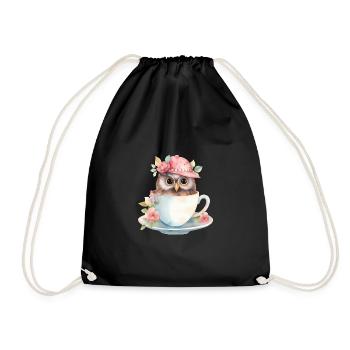 Hibou mignon avec chapeau et fleurs dans une tasse - Sac de sport léger - noir - Devant