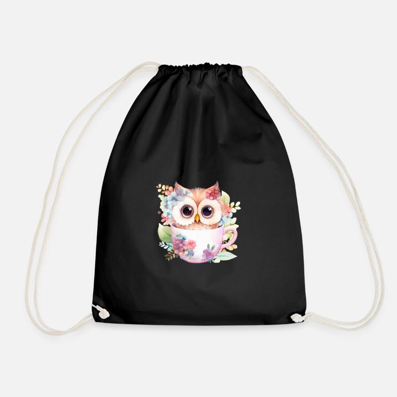 Hibou mignon dans une tasse avec des fleurs - Sac de sport léger - noir