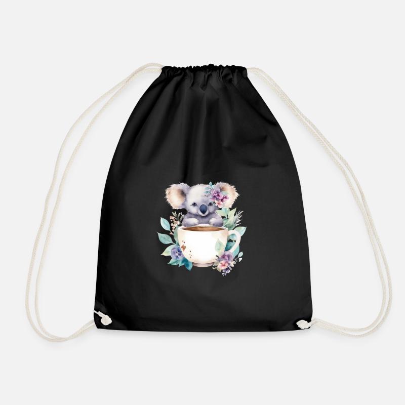 Niedlicher Koala mit Blumen in einer Tasse - Turnbeutel - Schwarz